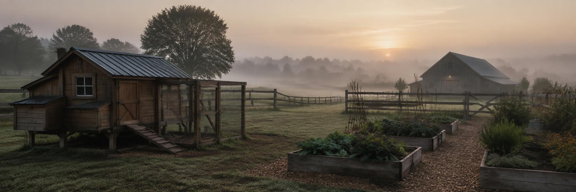 A working homestead at dawn: coop, fenced pasture and raised beds in the mist